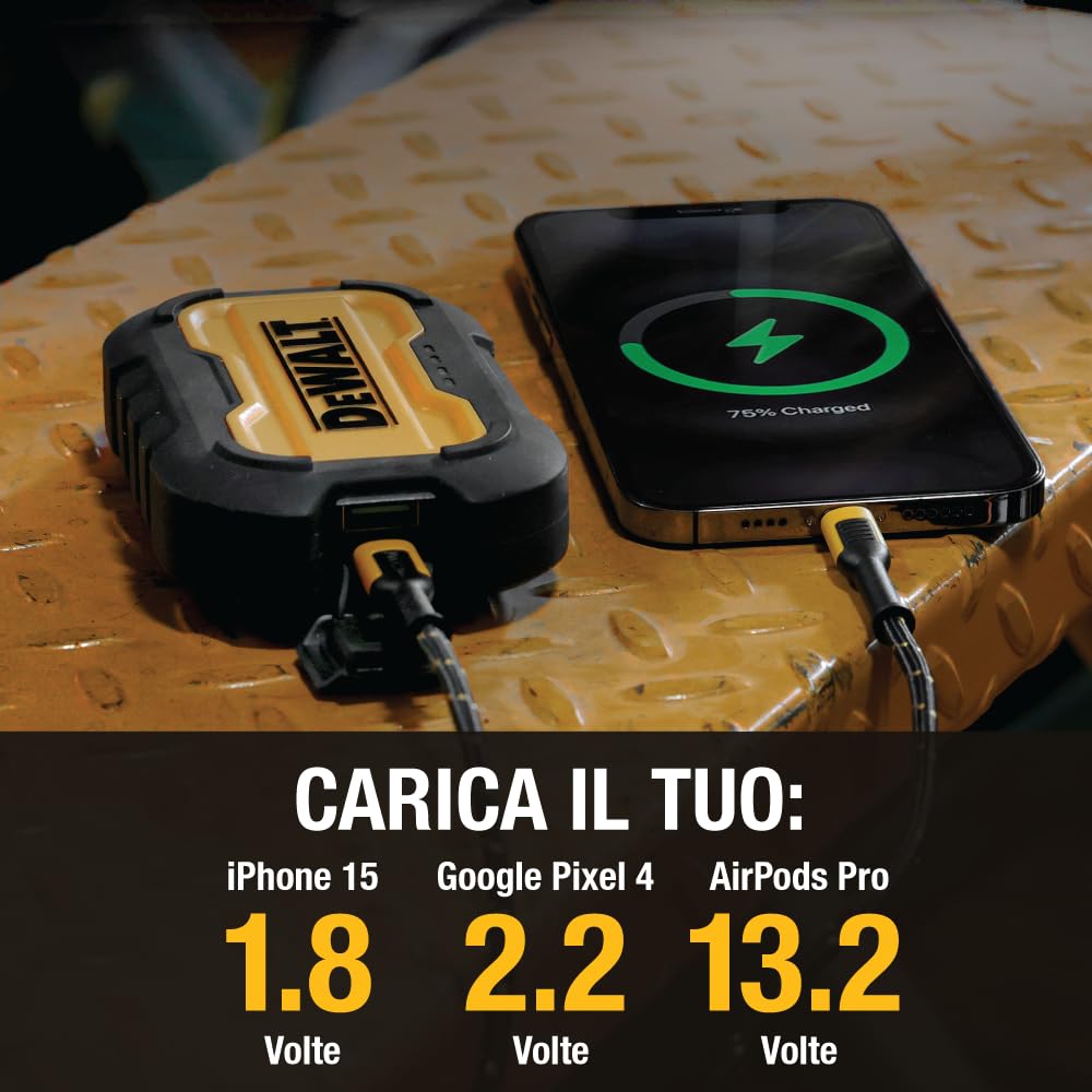 DEWALT Caricabatterie portatile DEWALT, Power Bank, batteria da 10.000 mAh con porta USB-C per iPhone 16/16 Plus/16 Pro/16 Pro Max, serie iPhone 15, iPhone 14/13, Samsung Galaxy