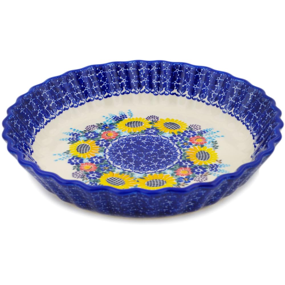 Authentic Polish Pottery Fluted Pie Dish Signature UNIKAT in Sunflower Design Handmade in Boles?awiec Poland by Ceramika Dalia + Certificate of Authenticity