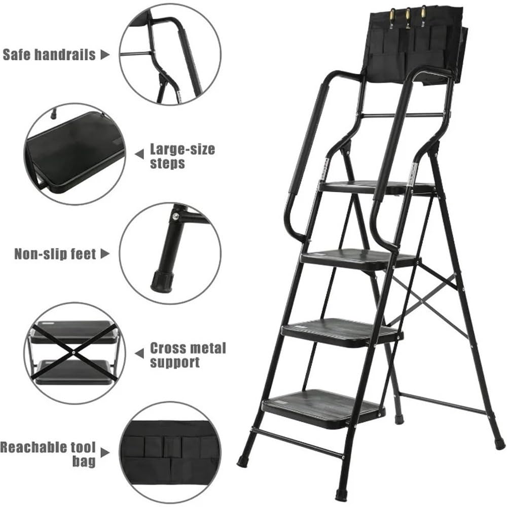 escabeau Échelle à Outils Pliable et Portable, Cadre en Acier, capacité de Charge maximale 500 LB, accoudoirs latéraux antidérapants, Grande Surface, pédales, Sac Amovible pour entrepôt(Blanc)