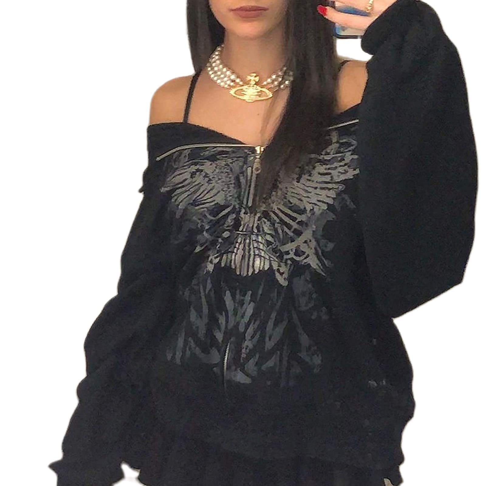 Donna Y2k Zip Up Felpe con cappuccio manica lunga Graphic Star Print Giacca con cappuccio oversize Goth Harajuku Felpa Punk Grunge Streetwear