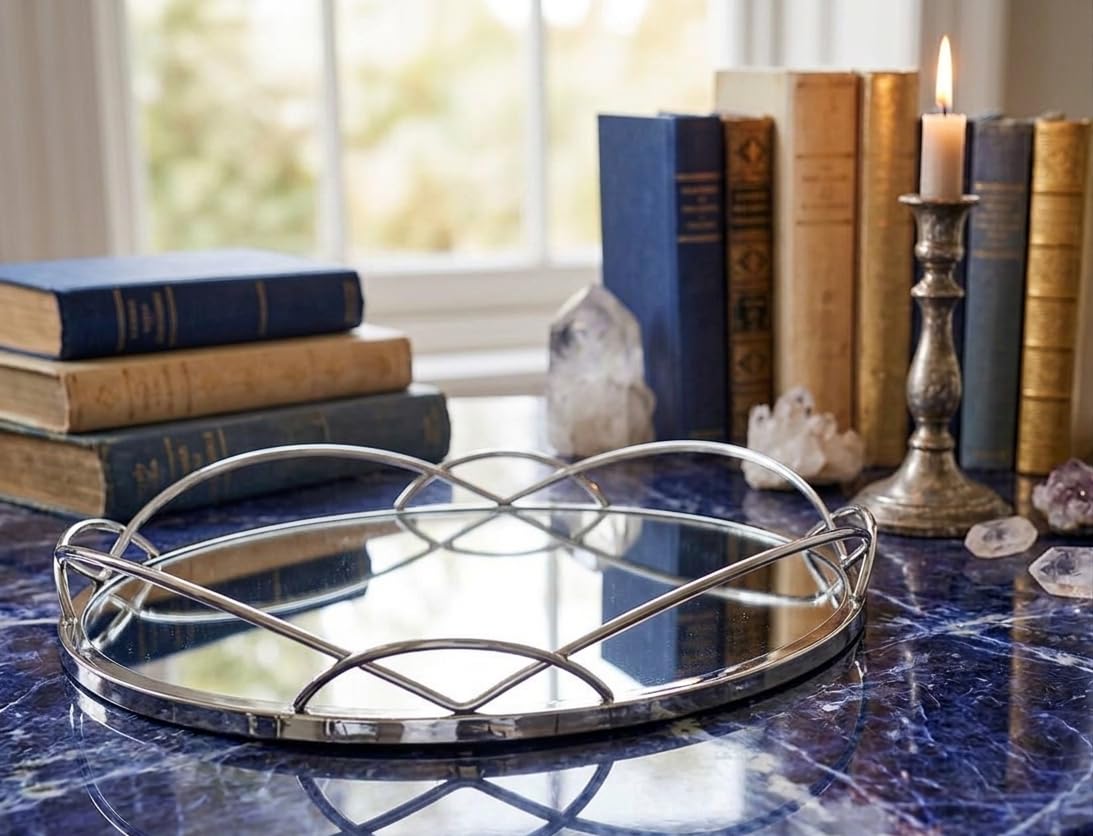 DEENZ Silver Mirrored Tray Crafted With Glass And Metal Decorative Tray Dia 30Cm X H 6Cm (Dz-641)