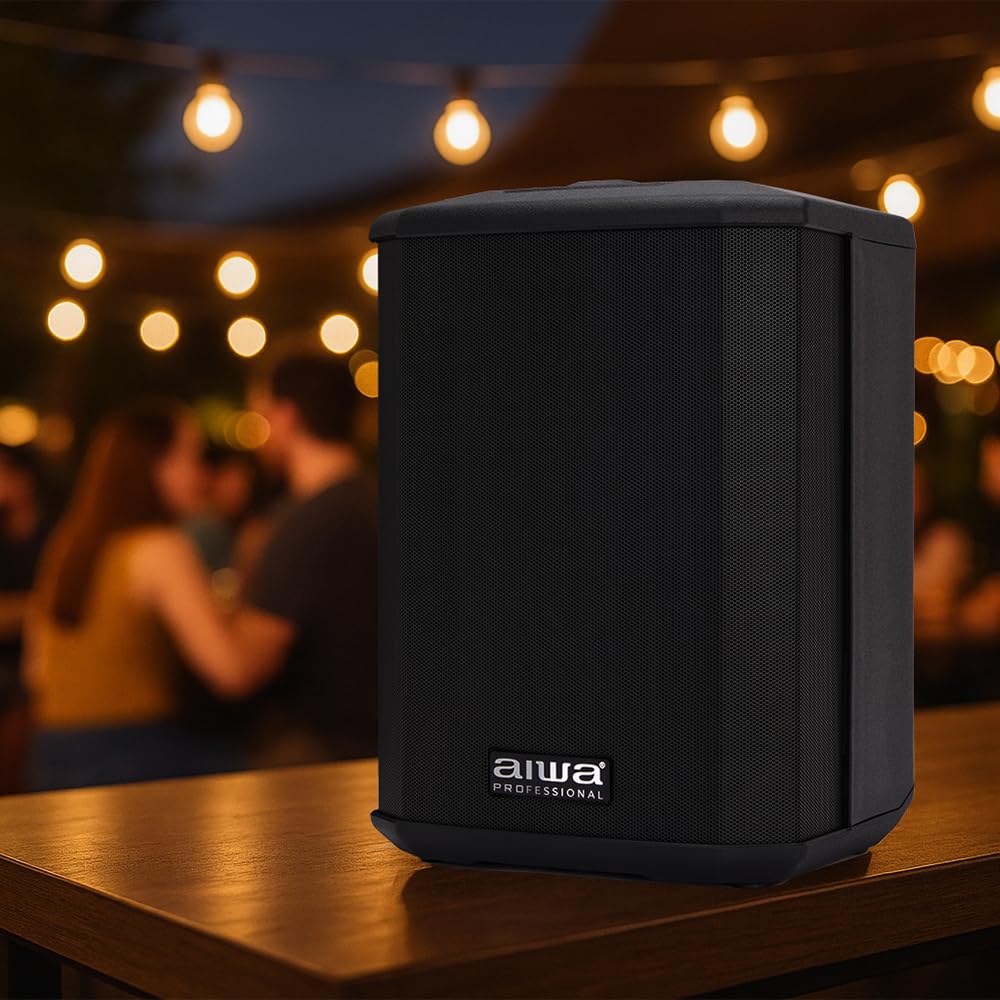 AIWA AX-1PRO Altavoz Activo portátil con batería, 100 W RMS con DSP, Bluetooth 5.0 TWS, 3 Canales de Mezcla, 106 dB, entradas XLR/Jack, USB, Vaso para Soporte de 35 mm