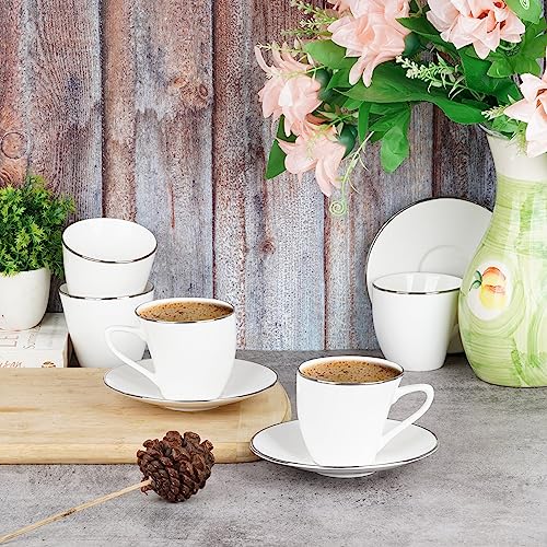 Image of Dandy Lines Alpine Platinum Band Cup and Saucer Set, Luxury Tea Cups with Saucer, Bone China, Pack of 12, Microwave & Dishwasher Safe, Great for Hosting & Gifting
