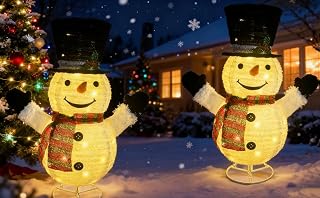 39 Inch Lighted 3D Collapsible Plush Snowman Decoration, 2-Piece | IP44 Waterproof, Indoor & Outdoor Use, Warm White LEDs, Yard & Porch Decor, Easy Fold Storage