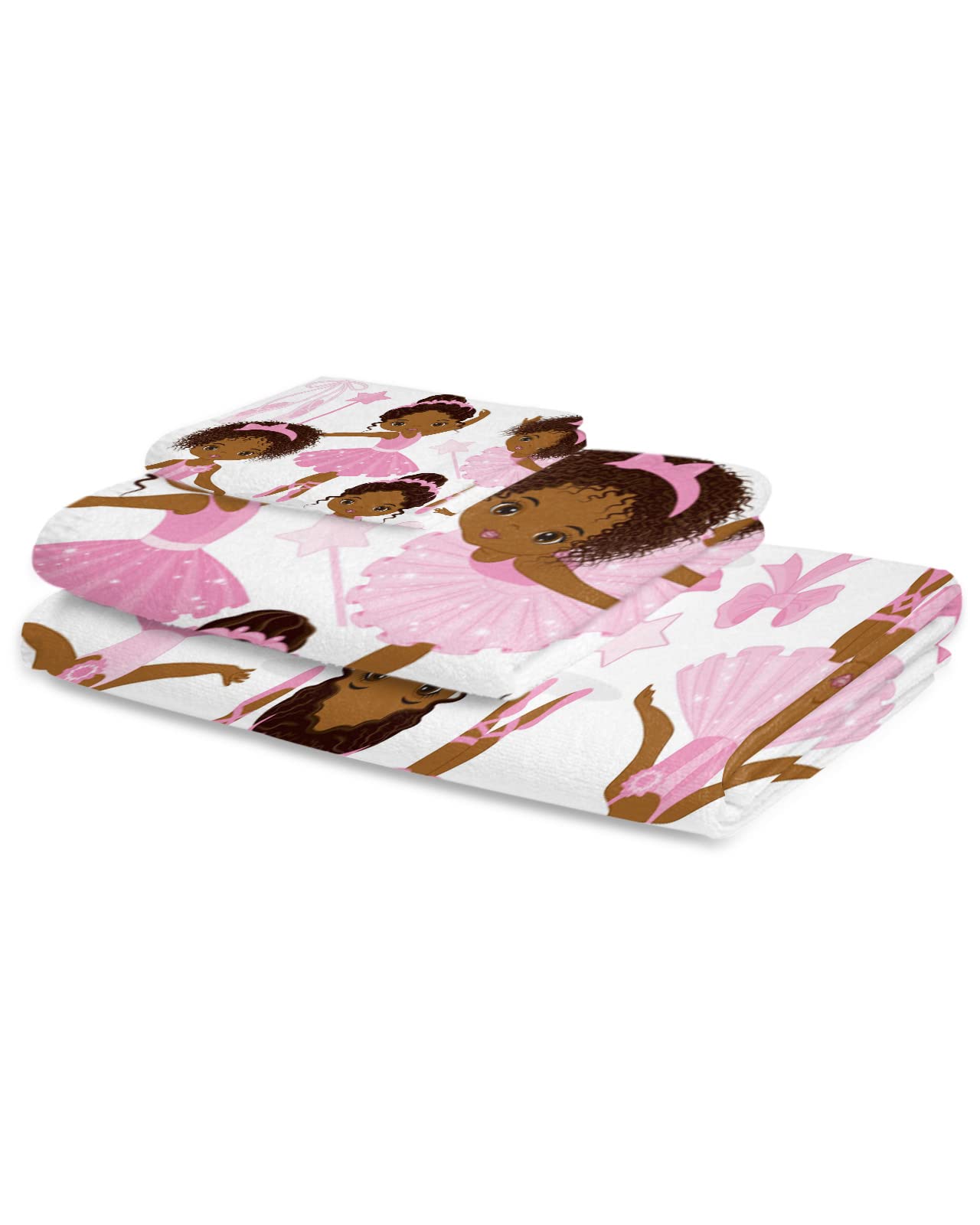 Cute Black Ballerina Girl 3 Piece Towel Sets, 1 Bath Towel 30x60 inch, 1 Hand Towel 16x28 inch, 1 Washcloth 13x13 inch, Cartoon Pink Bow Dance Soft Absorbent Towels for Bathroom, Hotel