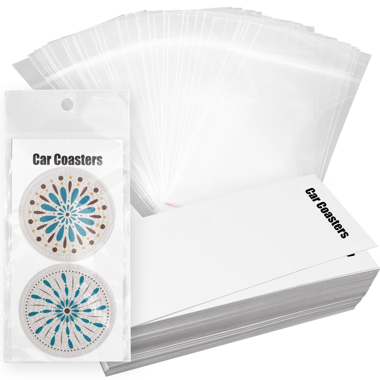 LOTMER 100Pcs Car Coasters Packaging for Selling, Sublimation Car Coasters Cards with 100 PCS Hanging Bags, Coasters Display Cards for Packaging Car Coasters (6.8"x2.8")