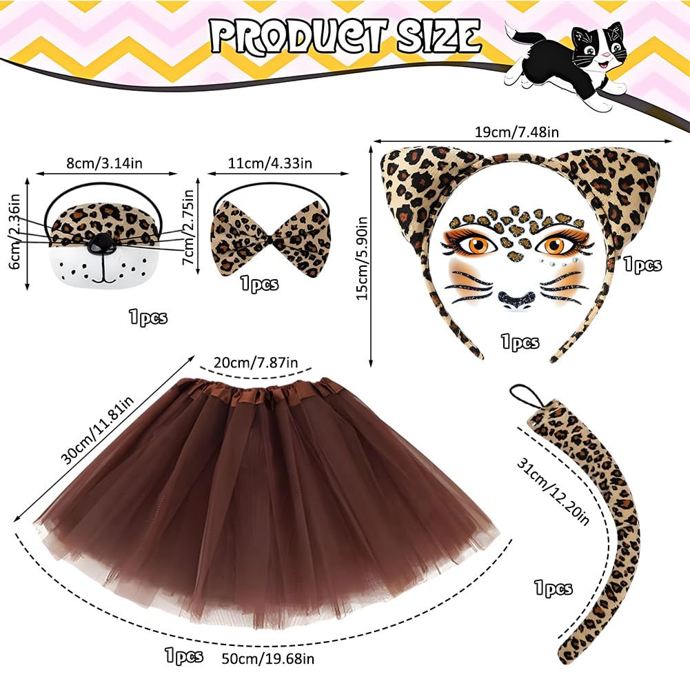 VorErgyllic Leopard Print Costume Set Leopard Ear Headband Tail,Bow Tie Tutu Skirt,Face Tattoo Stickers for Girls Women Carnival Cosplay Christmas Halloween Animal Party Dress (BROWN 2) - Image 2