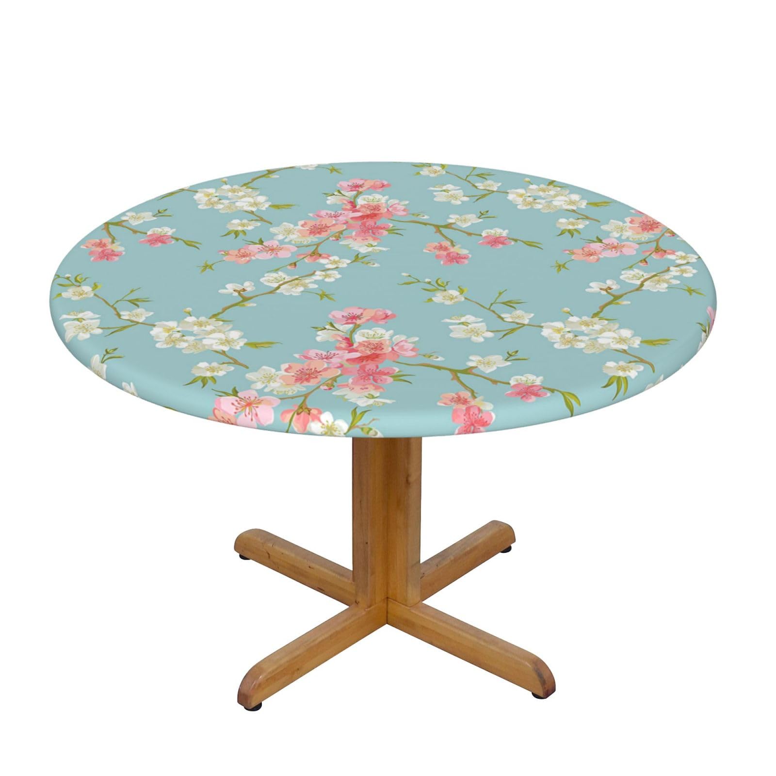 ESNAIUVCD Flowering Branches print Waterproof Round Tablecloth,Outdoor Table Cloth with Elastic Edged, Elastic Tablecloth Wipeable, Garden Table Cloth Suitable for sizes 90cm-140cm