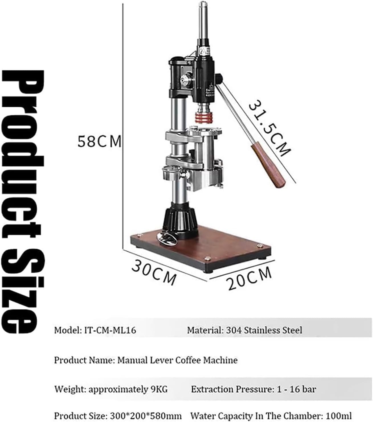 Portable Hand-press Coffee Maker, Variable Pressure Lever Coffee Machine with Pressure Gauge, Extraction Pressure 1-16bar/100ml Water Tank Capacity, for Commercial