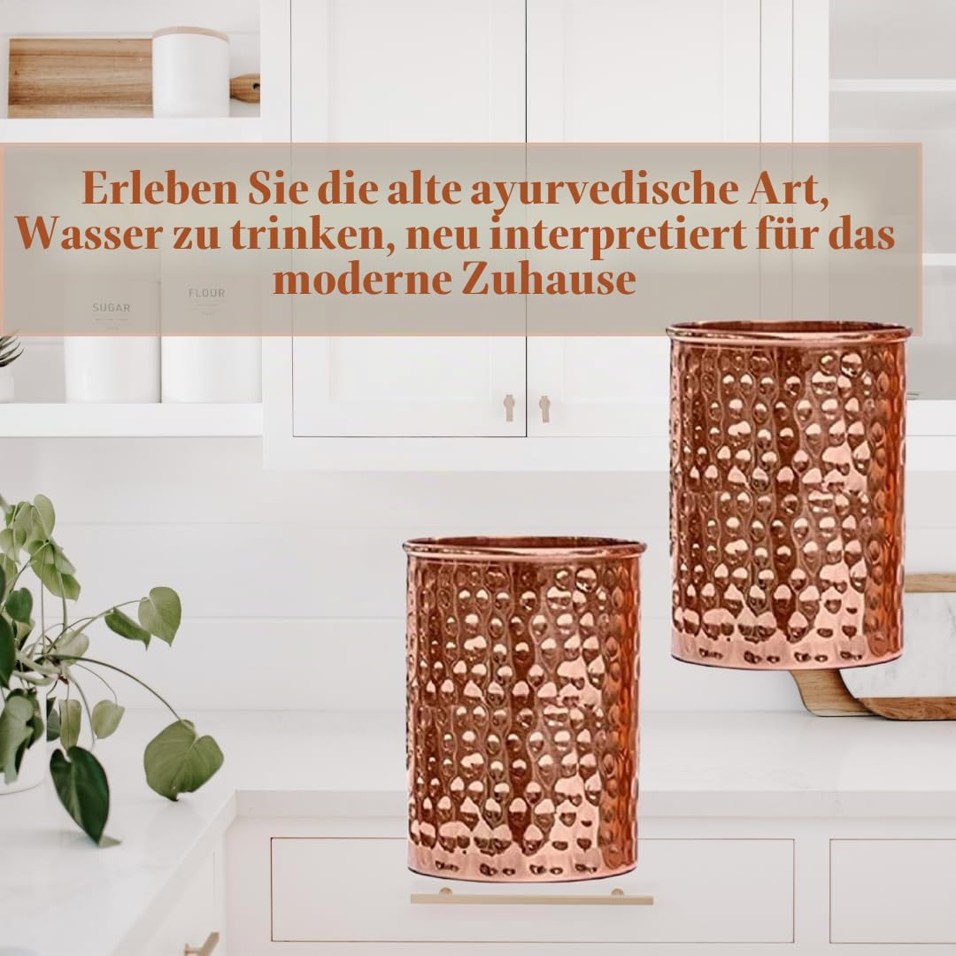 Trinkgeschirr-Wasserspender aus reinem Kupfer, 8 l, gehämmerte Oberfläche, Ayurveda-Gesundheitsheilung, 8 Liter Fassungsvermögen, Wasserbehälter mit 2 passenden Gläsern und 1 Kupferflasche