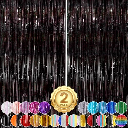 Image of Black Fringe Curtain Party Streamers 2Pack 3.3x8.3 Ft Foil Fringe Backdrop Curtains for Birthday Wedding Bridal Baby Shower Holiday Tinsel Streamers Black Party Decorations Door Streamer