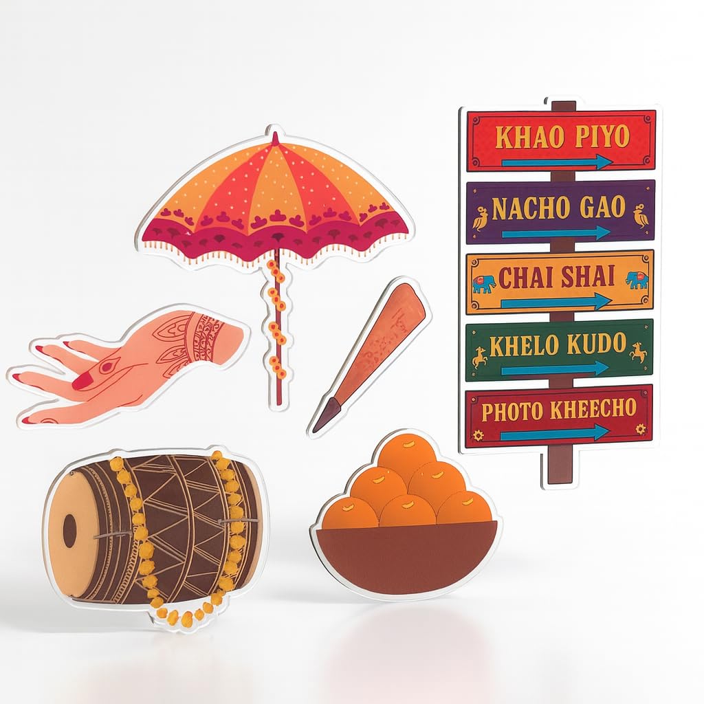 6pcs Acrylic Dholki Cake Topper Set – Mehndi & Dholki Party Decorations – UV Printed on Clear Acrylic, Includes Signpost, Umbrella, Dhol, Henna Cone, Hand & Sweets – Pre-Wedding Cake Toppers
