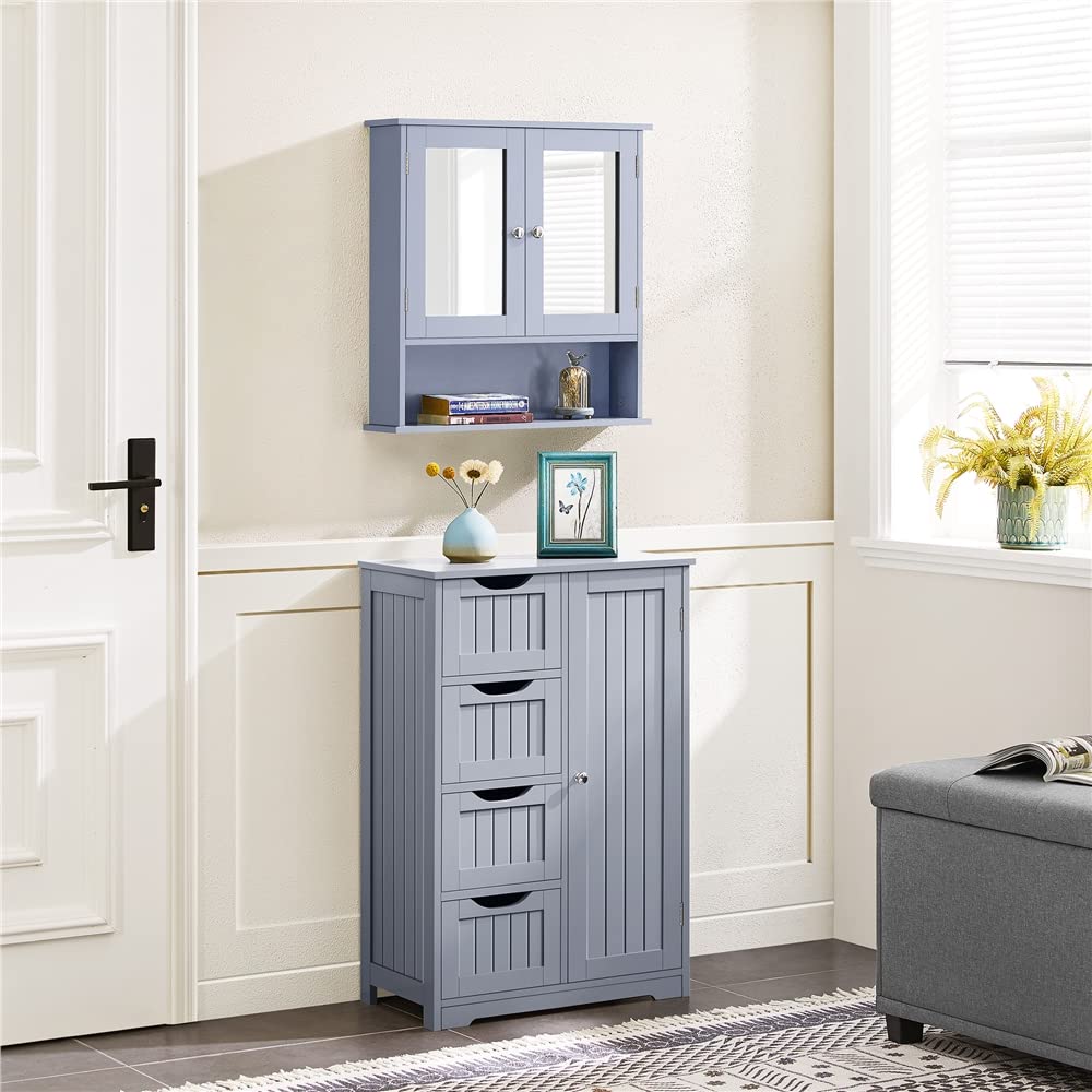 Yaheetech Armoire Murale de Salle de Bain, Placard de Rangement Toilettes 3 Niveaux, Étagères à Hauteur Réglable, 2 Portes et Miroirs, 56 × 13 × 58 cm Gris