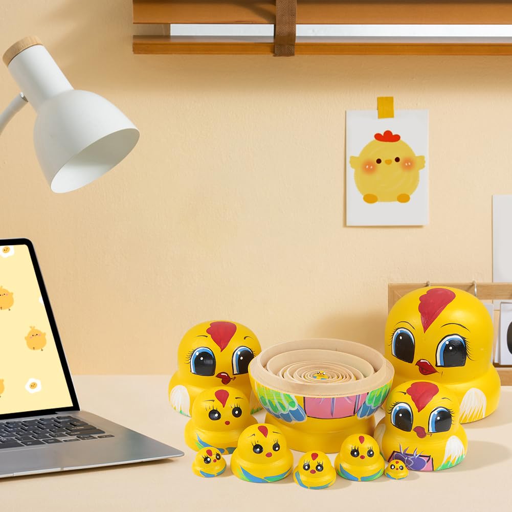 10 x russische Puppen aus Holz, gelbe Hühner, Bauernhahn, traditioneller Matroschka-Puppen, stapelbar, für Kinder, Ostern