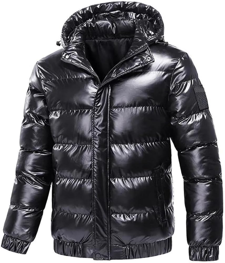 Mens Shiny Puffer Jacket With Hood Modern Slim Fit Glossy Winter Coat Lightweight Warm Quilted Padded Bubble Outwear