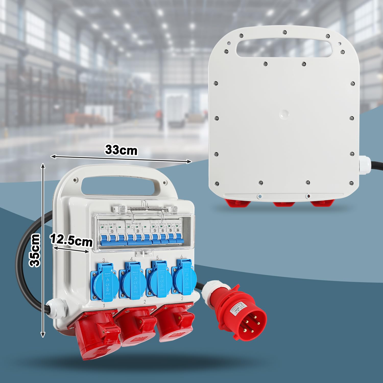 Distributore di corrente da costruzione, 2 x CEE 400 V/16 A, 1 x CEE 400 V/32 A, 4 x 230 V, con interruttore automatico, con cavo di alimentazione da 1,2 m, per cantieri