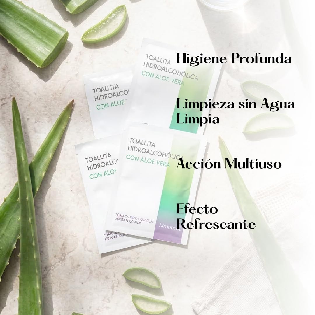 Toallitas Hidroalcohólicas con Aloe Vera, Sobres Individuales, Higiene de Manos sin Aclarado, Mínimo 70% Alcohol (100 unidades)