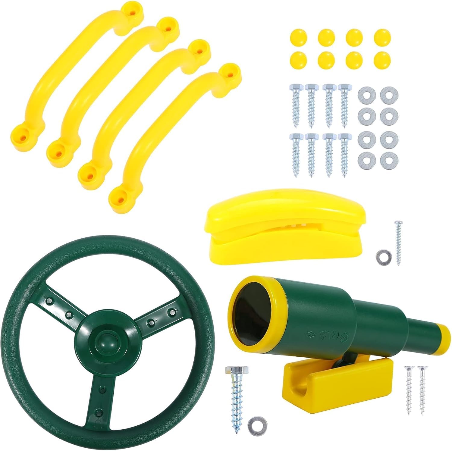 REDCAMP Spielturm Zubehör Set (7 STK), Kinder Spielzeug Set mit Lenkrad Teleskop Telefon 4 Sicherheitsgriffe, Outdoor Spielplatz Ausstattung für Klettergerüst Baumhaus Schaukel Garten