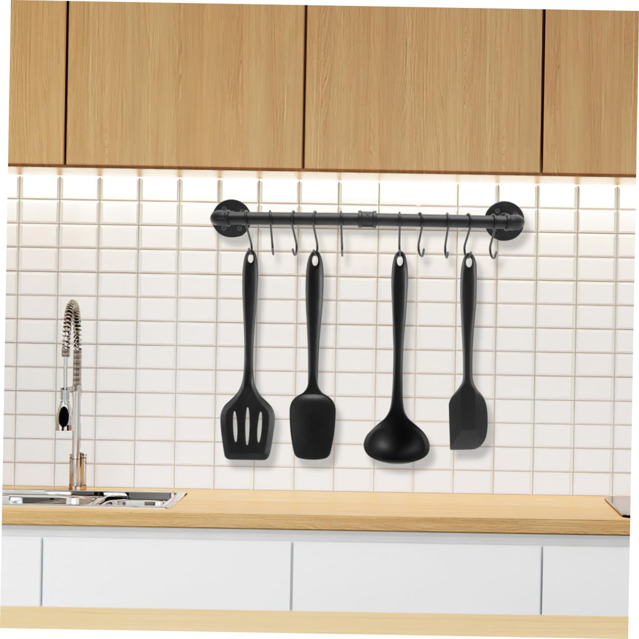 TIDTALEO Pot Pan Wall Mounted Rail with Hooks 13x60cm Metal Kitchen Hanging Utensil Rack Industrial Style for Cookware Organization