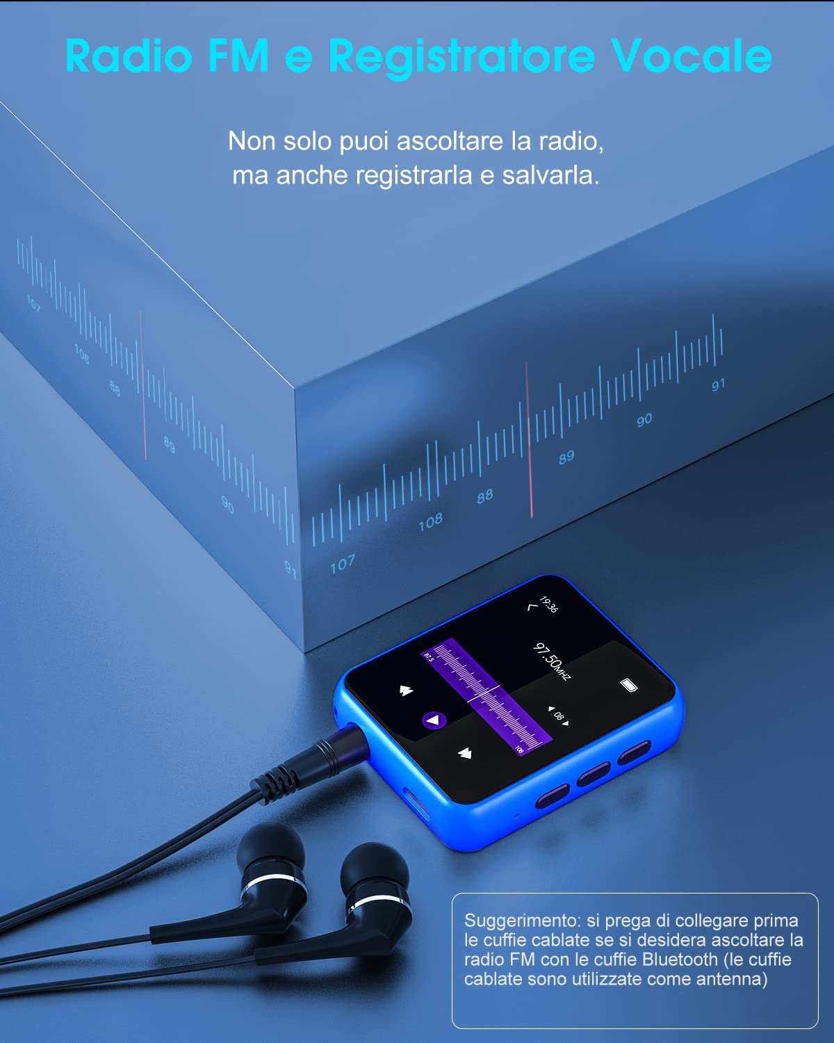 32GB Lettore MP3 con Bluetooth 5.0, Portatile Hi-Fi Sound Lettore di musica con Altoparlante, Line-in Registratore Vocale, Radio FM, e-book, Full Touch Schermo, Supporto fino a 128 GB di schede