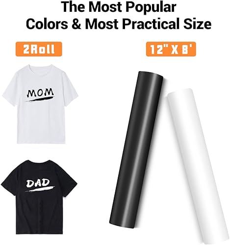 Miniatura 4 de HTVRONT - Rollos de vinilo termotransferible (HTV) negro y blanco, 12 pulg x 8 pies por rollo pplanchar, pcamisetas, pCricut y Cameo - Fácil de