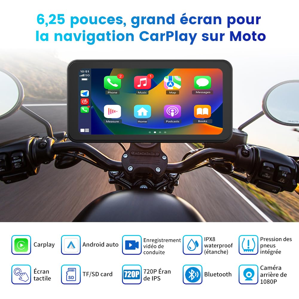 AWESAFE Moto CarPlay & Android Auto avec GPS, écran 6,25" étanche IPX8, caméra DVR 2K, AHD 1080P arrière, capteur de Pression intégré, enregistreur de Trajet, Bluetooth