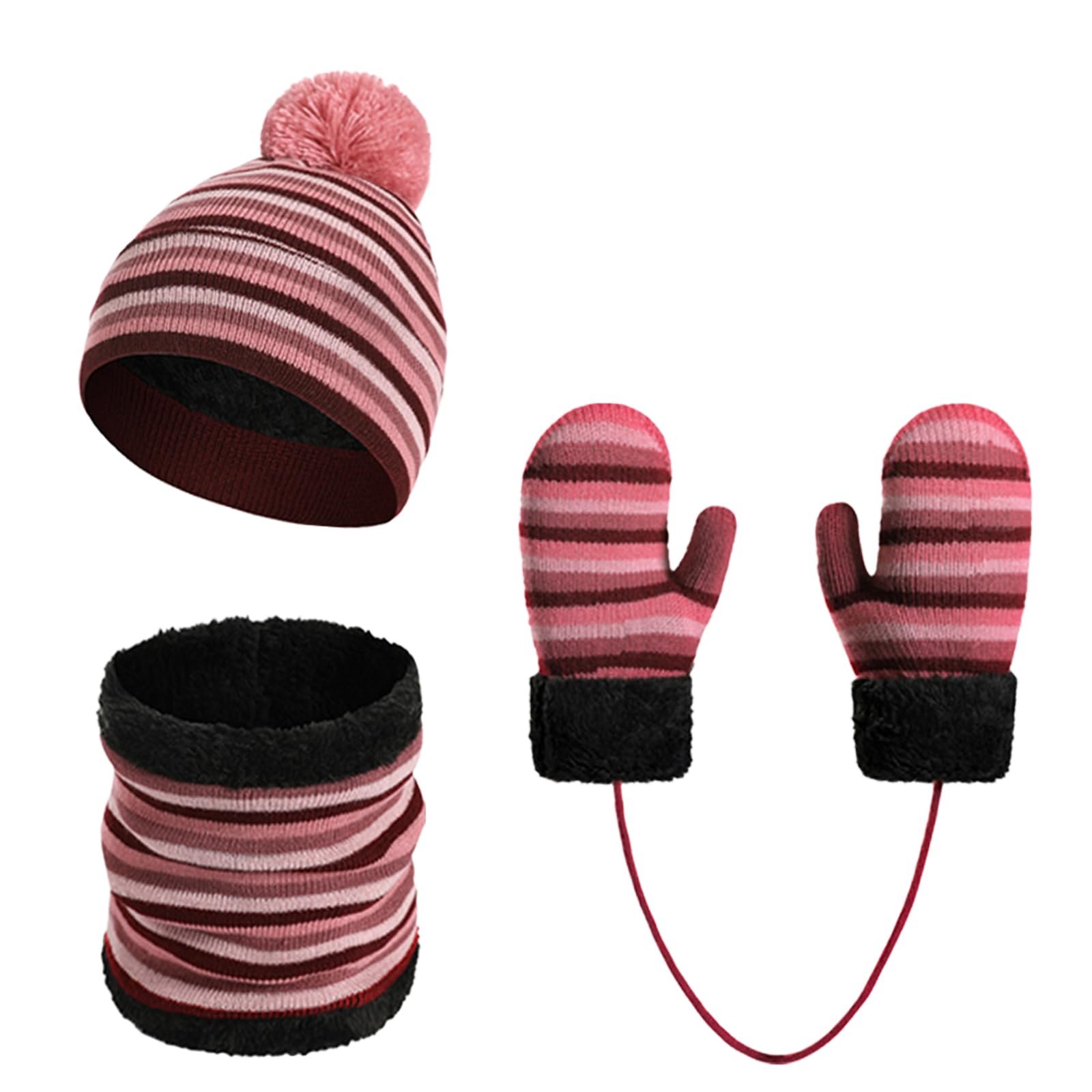 Enwokran Dziecięcy zimowy pompon czapka beanie szalik rękawiczki zestaw ciepła dzianinowa czapka rękawiczki i polar ocieplacz na szyję szalik 3 szt. dla chłopców i dziewcząt w wieku 2-6 lat