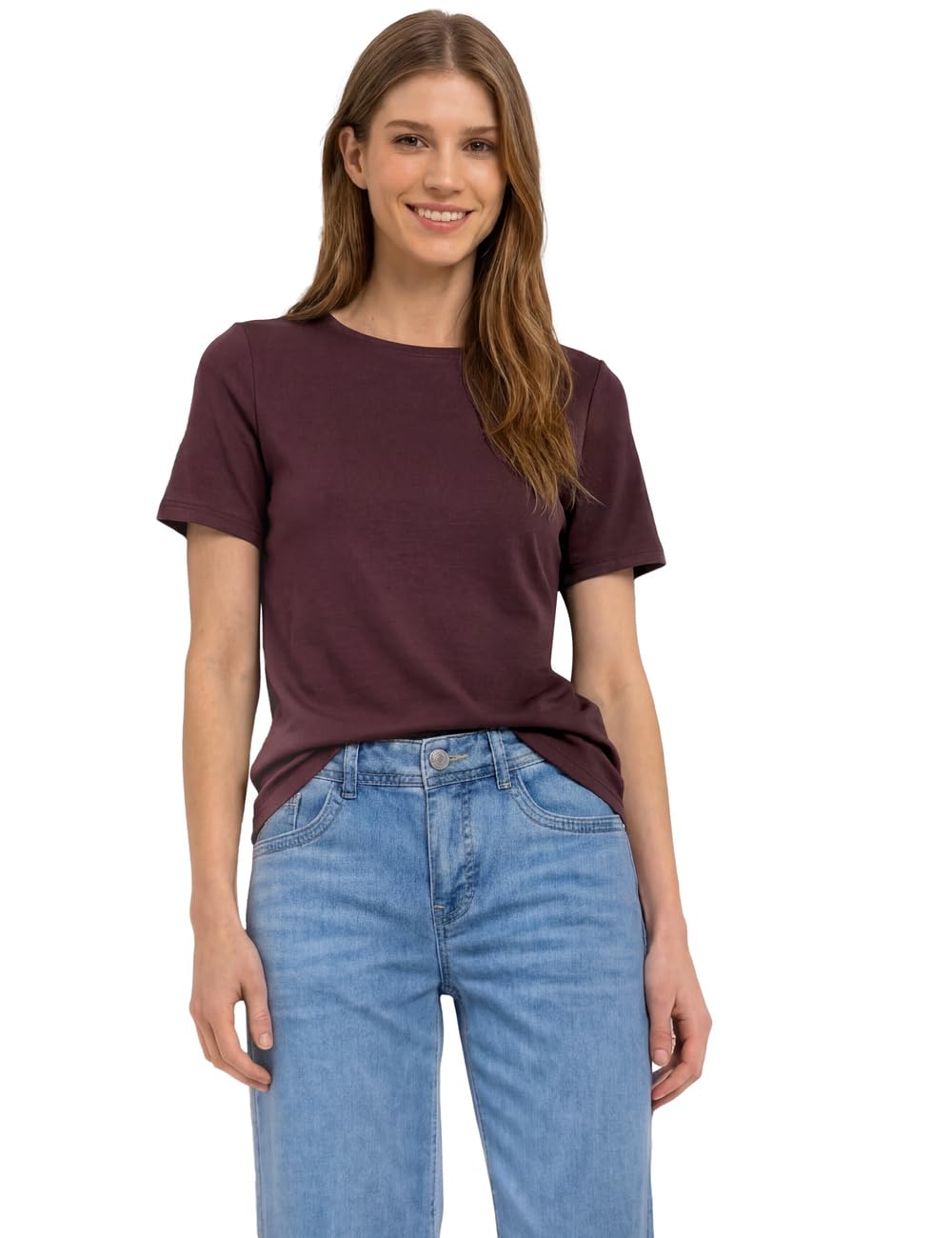 Street One Basic T-Shirt with Crew Neck in Plain Colour Rustic Rouge 46