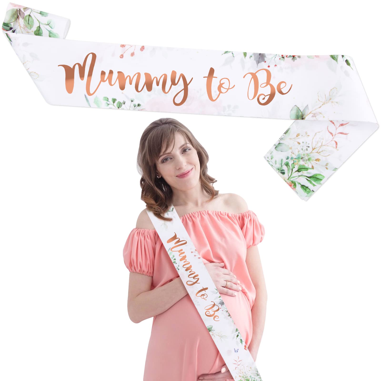 COLOFALLA Mummy to Be Sash Baby Shower Girl Sage Green Foliage Twinkle Rose Gold Jungle Mum to be Sash for Baby Shower Party Decorations (Flowers)