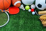 Laeacco Sports Equipment Green Grass Top View Photography Background 10x6.5ft Grass Field Sports Ping Pang Balls Football Basketball Backdrop Children Boys Birthday Party Sport Bday Photo Wallpaper
