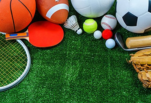 Laeacco Sports Equipment Green Grass Top View Photography Background 10x6.5ft Grass Field Sports Ping Pang Balls Football Basketball Backdrop Children Boys Birthday Party Sport Bday Photo Wallpaper