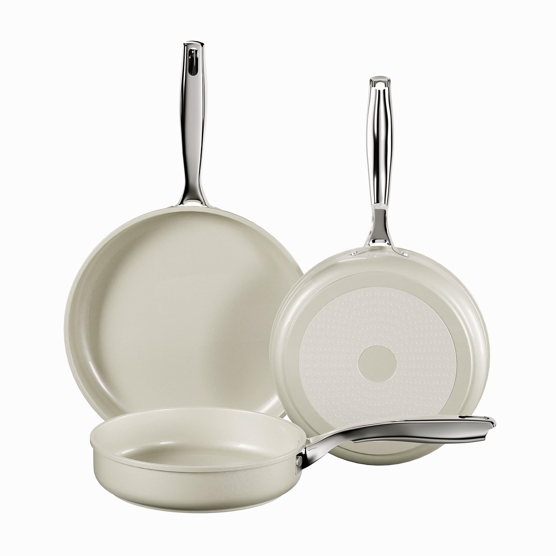 Sartén Antiadherente Induccion, Pequeña Sarten Recubrimiento Ceramica, Fondo de Aluminio Para un Calentamiento Uniforme, Con Mango de Acero inoxidable, Sin PFOA ni PTFE ni PFAS (Beige, 20/24/28cm)