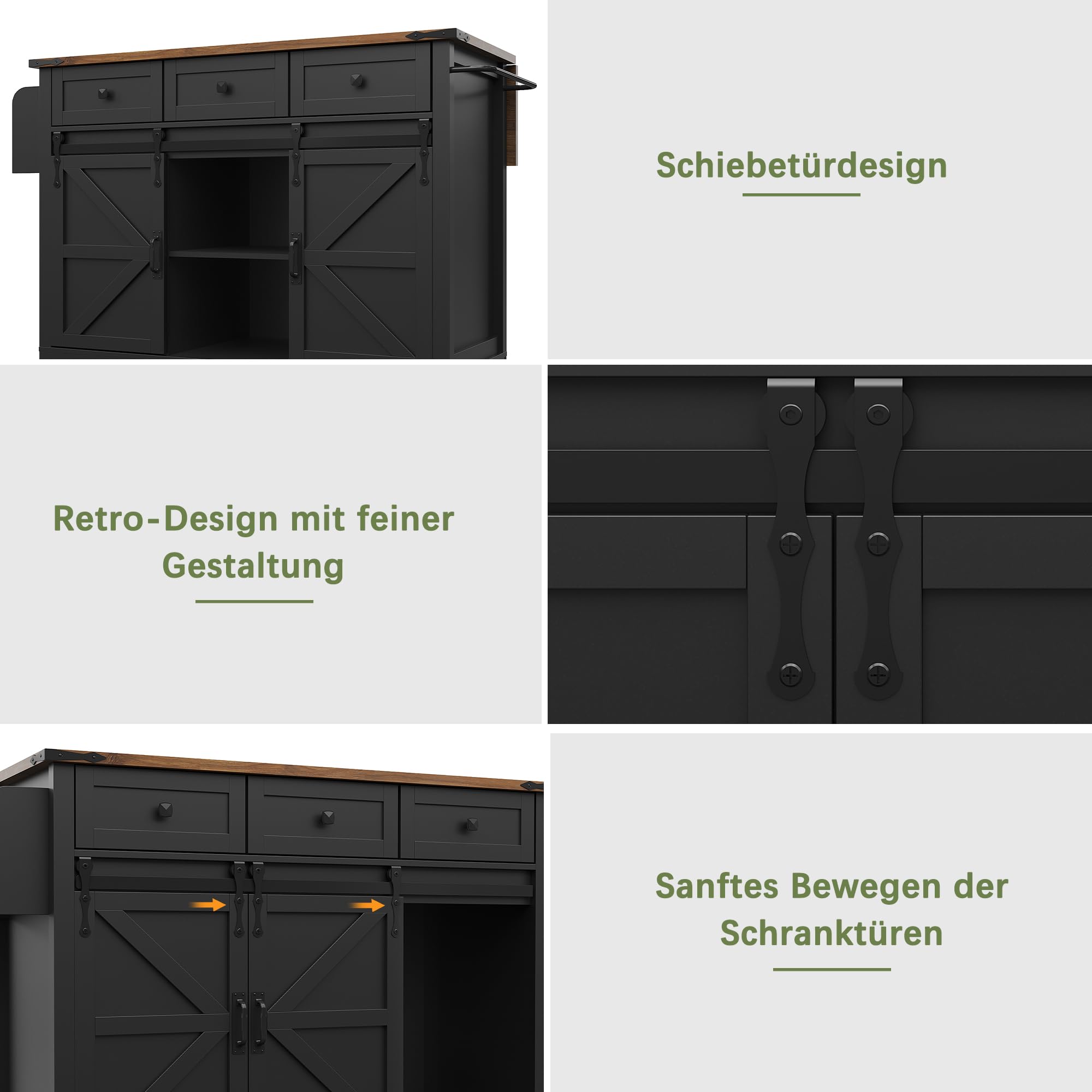Merax Kücheninsel mit klappbarer Arbeitsplatte, Küchenwagen auf Rollen, Küchenschrank mit Schiebetüren, Servierwagen Holzoptik, mobiler Esstisch ausziehbar, Schwarz, 140x45-73x94 cm
