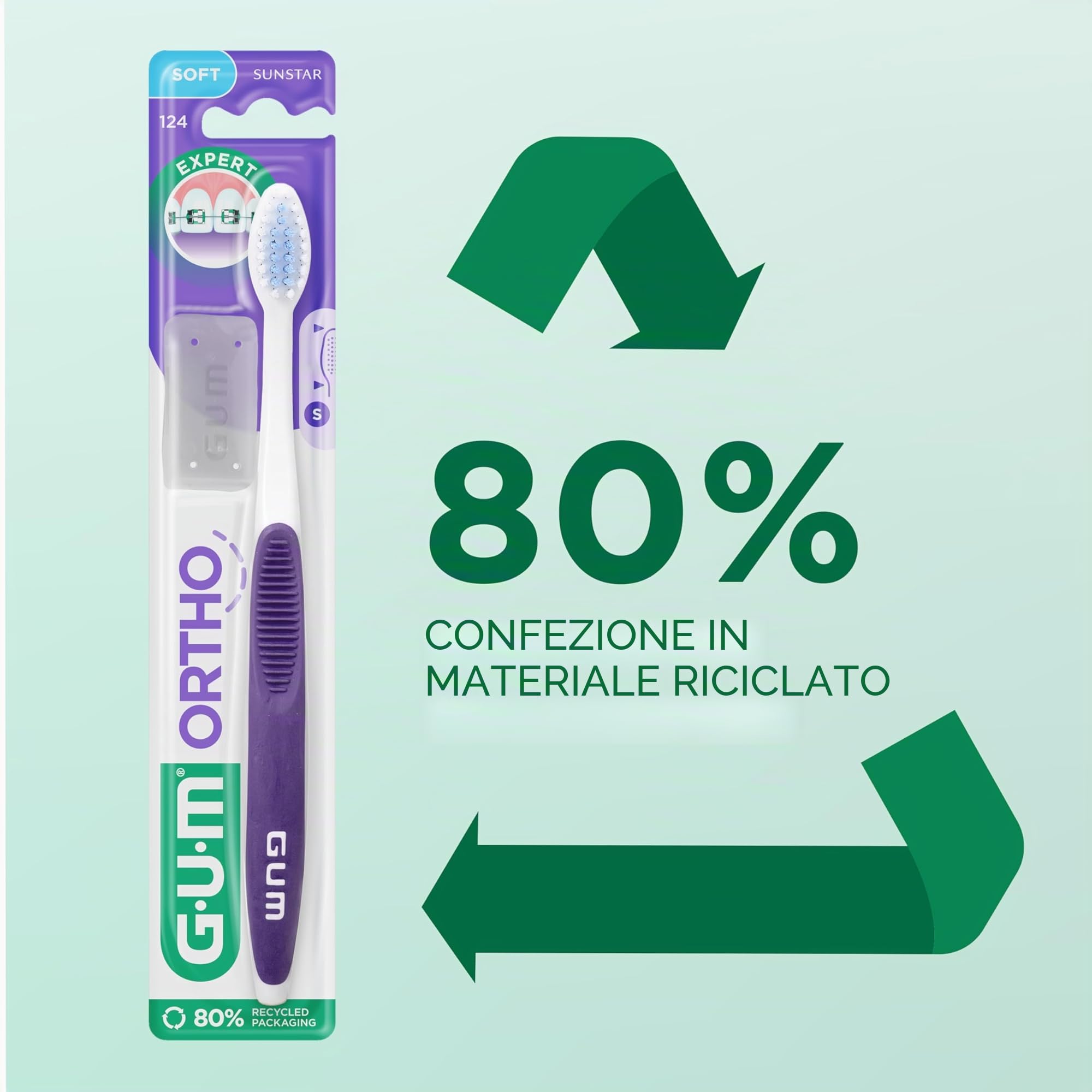 Spazzolino manuale GUM ORTHO | Setole morbide a forma di V | Ideale per apparecchi ortodontici | Manico antiscivolo | Cappuccio da viaggio | 4x1 pezzi (con 2 campioni omaggio)