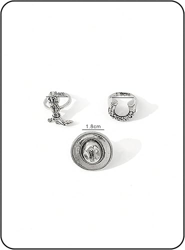 Miniatura 7 de Anillos vintage para mujer, 3 unidades, plateado, estilo occidental, bohemio, apilables, sombrero de herradura, estilo vaquero, tamaño 8 (0.71
