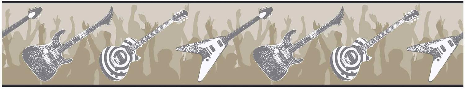 RoomMates York Wallcoverings ZB3119B Guitar Border, Soft Taupe/Deep Taupe/White/Silver Metallic