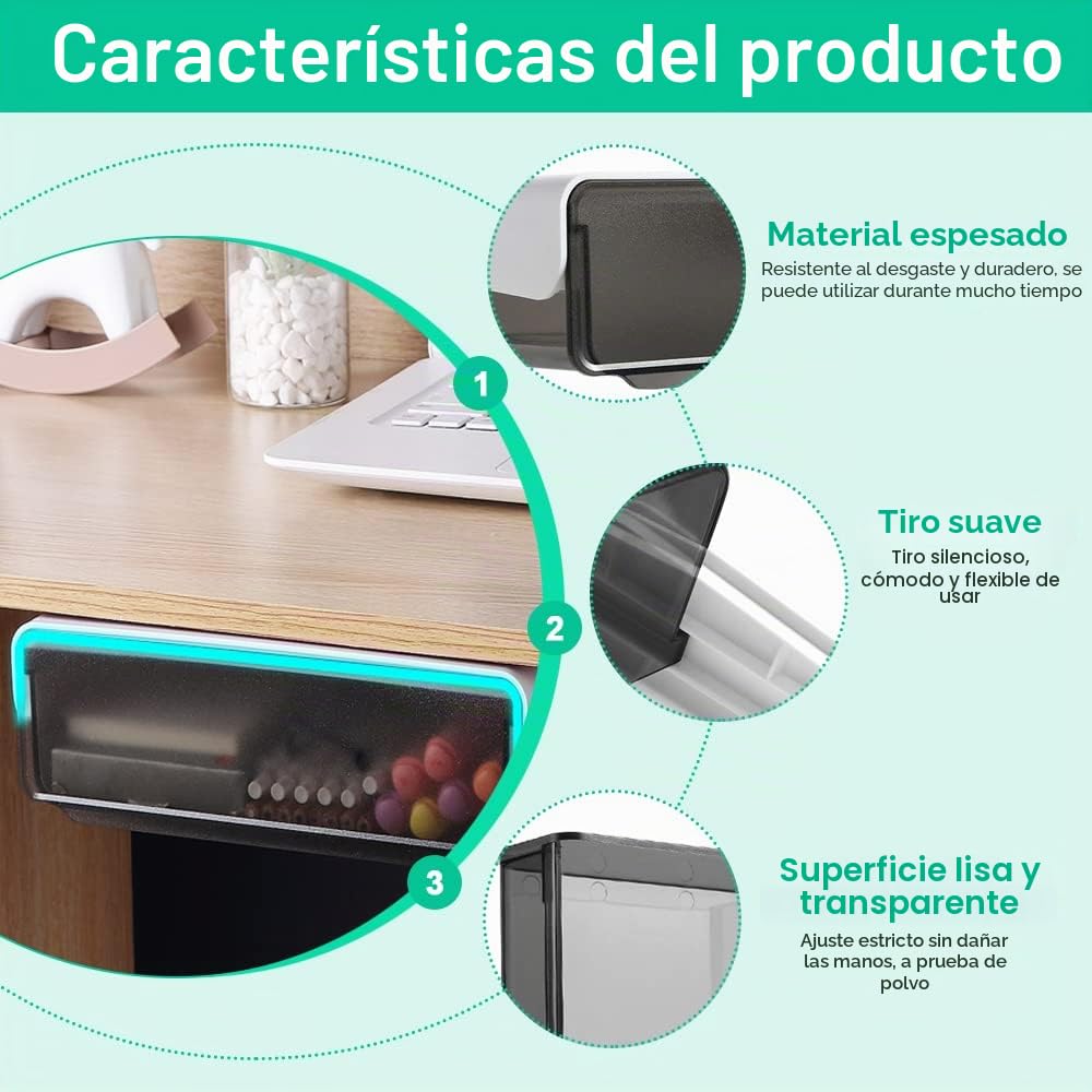 2 Cajones para Debajo de Escritoriode 20 x 17 x 7,2 cm Cajones para Debajo de Mesa con Cintas Adhesivas Organizador de Cajones para Debajo del Escritorio para Guardar Cosas Pequeñas
