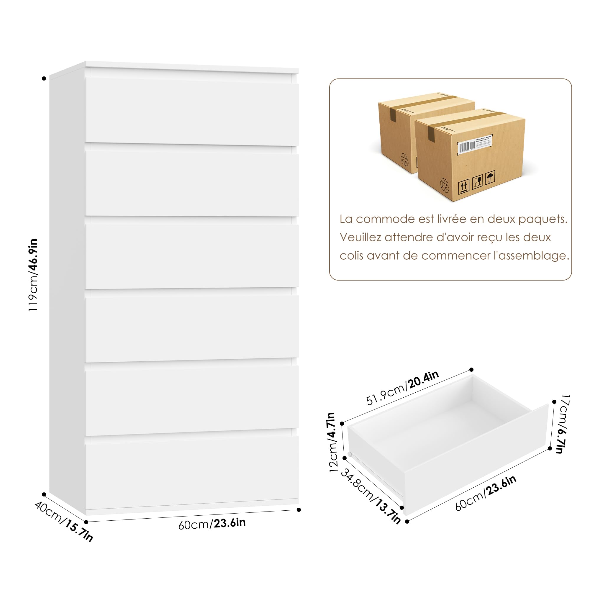 FOREHILL Commode 6 Tiroirs, Commode Chambre Adulte, 60x40x119 cm, Blanche | Meuble de rangement étroit sans poignées, Chiffonnier pour salon, entrée, appart, Meuble tiroirs à vêtements, Moderne