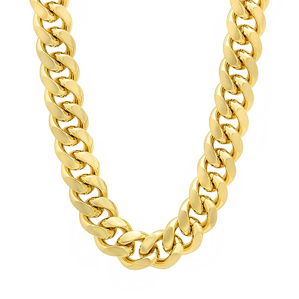The Bling Factory 10.5mm 14k Yellow Gold Plated Flat Cuban Link Curb Chain Necklace