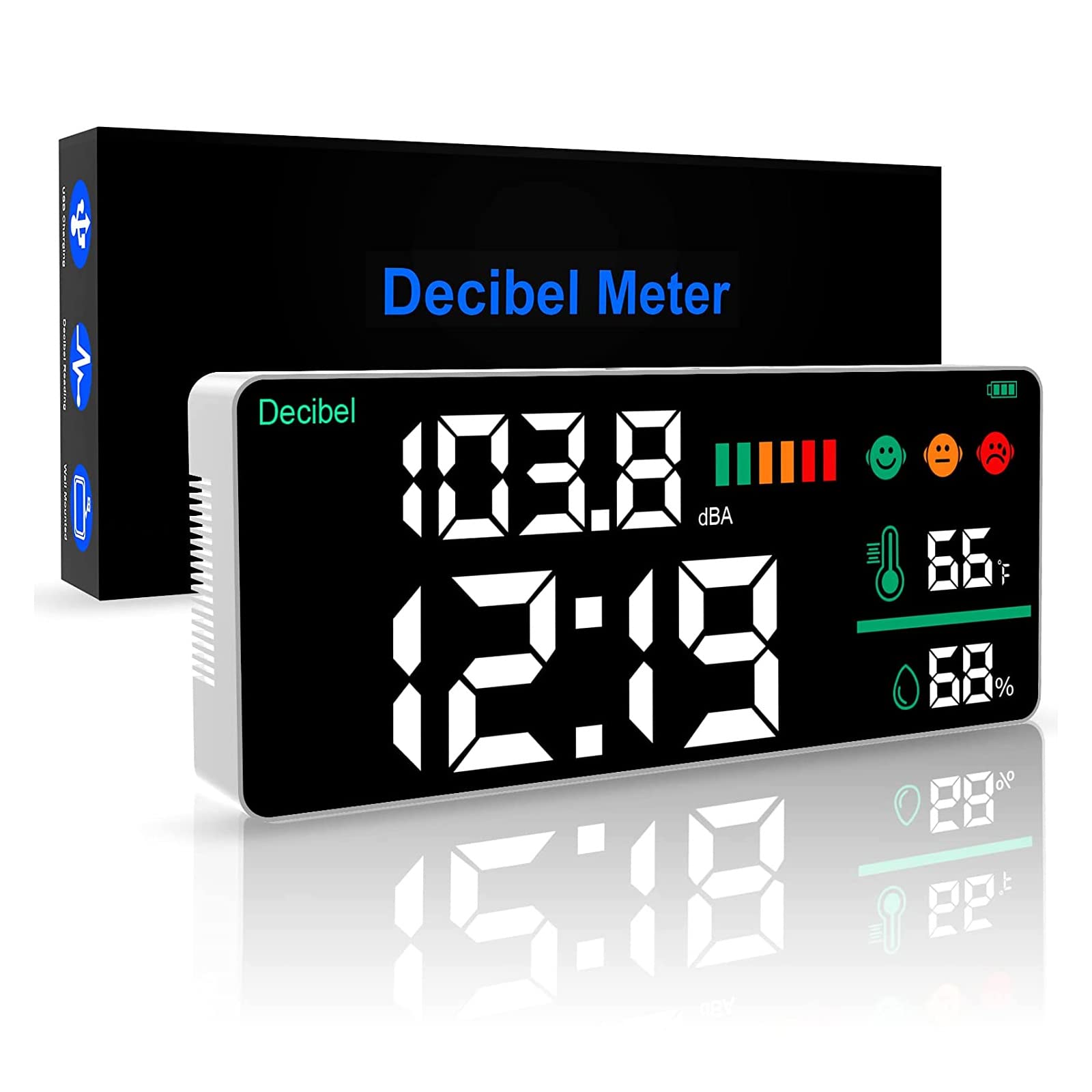 Fonometro digitale Misuratore di decibel digitale 4 in 1 rumore del livello sonoro sospeso a parete Gamma 30-130 dB Ampio display a LED da 11 pollici multifunzione Tester del livello di rumore decibel