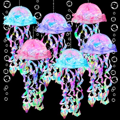 Hanging Jellyfish Decor, 6pcs Jellyfish Lanterns & 3 White Bubble Garlands for Mermaid Ocean Theme Party Decorations