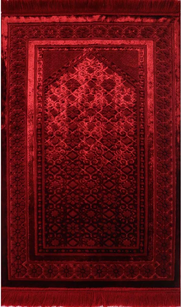 Modefa Velvet Prayer Rug - Soft Plush Turkish Janamaz Sajada Carpet for Men and Women - Plain Solid Prayer Mat Ramadan Eid Gift - with Prayer Beads - Luxury Floral Stamp (Red)