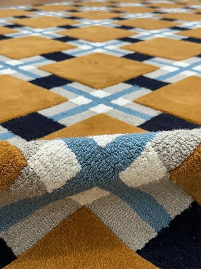 Hand-Tufted Wool Area Rug | 8x10 ft Kitchen Rug | Geometric Square Patchwork Carpet for, Living Room, Bedroom, Hallway | Modern Durable Indoor Woolen Rug