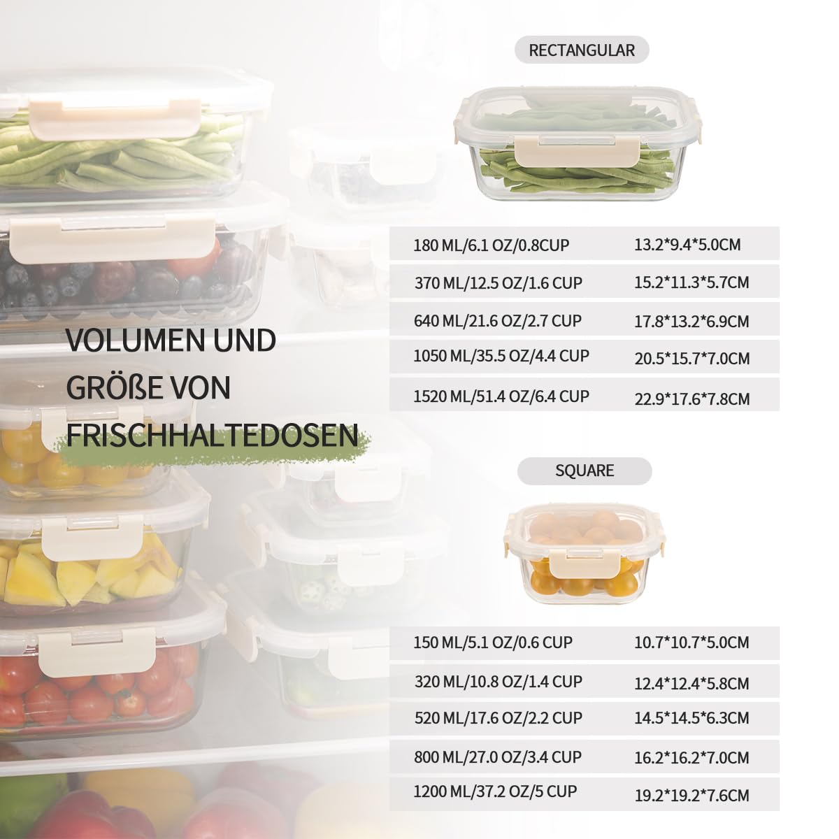 Fenger Juego de Recipientes de Cristal para Almacenaje, Frascos de Vidrio con Tapa, Contenedores de Almacenamiento para Alimentos Frescos, Cocina y Restaurante, Tapas de Plástico Premium