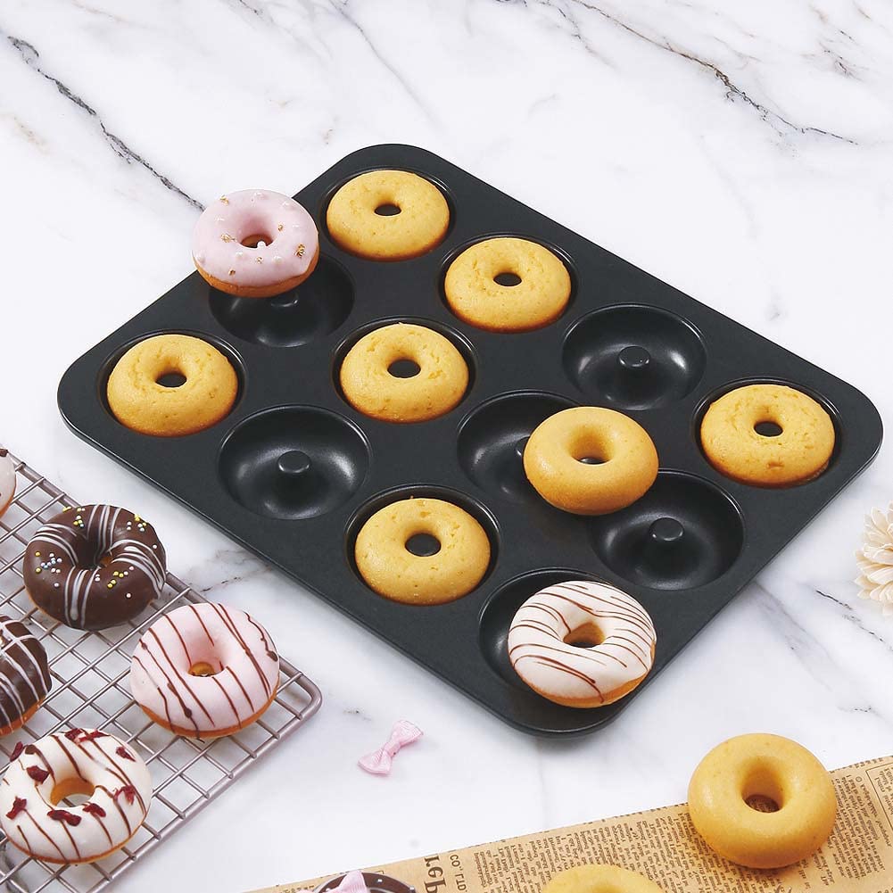 CANDeal Bandeja para hornear rosquillas de 12 agujeros Lata para rosquillas, Lata para hornear rosquillas antiadherente, Lata para pasteles de rosquillas, Molde para rosquillas Bandejas