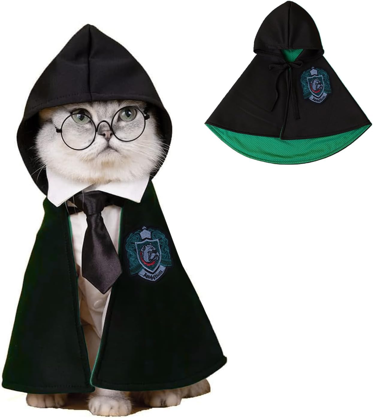 DELIFUR Cat Halloween Costume - Pet Wizard Costumes Mantle Magician Cosplay Clothes with Bowtie & Glasses Set Festival Party Apparel for Small Pets Cats Dogs Puppies(Green, M)