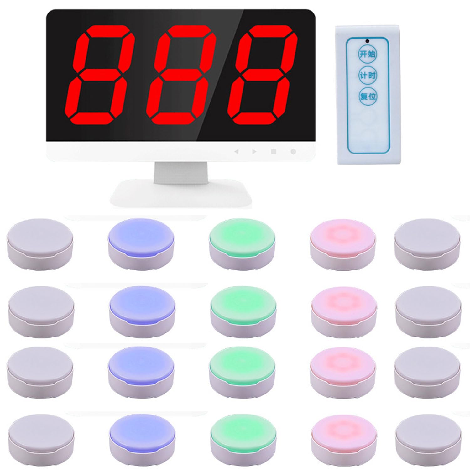 Sistema de zumbador inalámbrico con 1 monitor y 20 zumbadores, ampliable a 32 botones, rango de 262 pies, función de apagado automático para espectáculos de juegos en el aula y fiestas