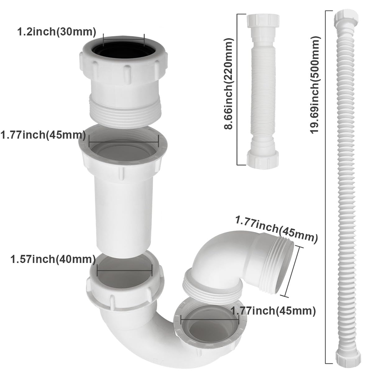 P Trap - Kit de drenaje universal para fregaderos de baño, fregaderos de cocina, 1 1/4 y 1 1/2, kit de drenaje de trampa de residuos con tubo de extensión flexible, altura ajustable