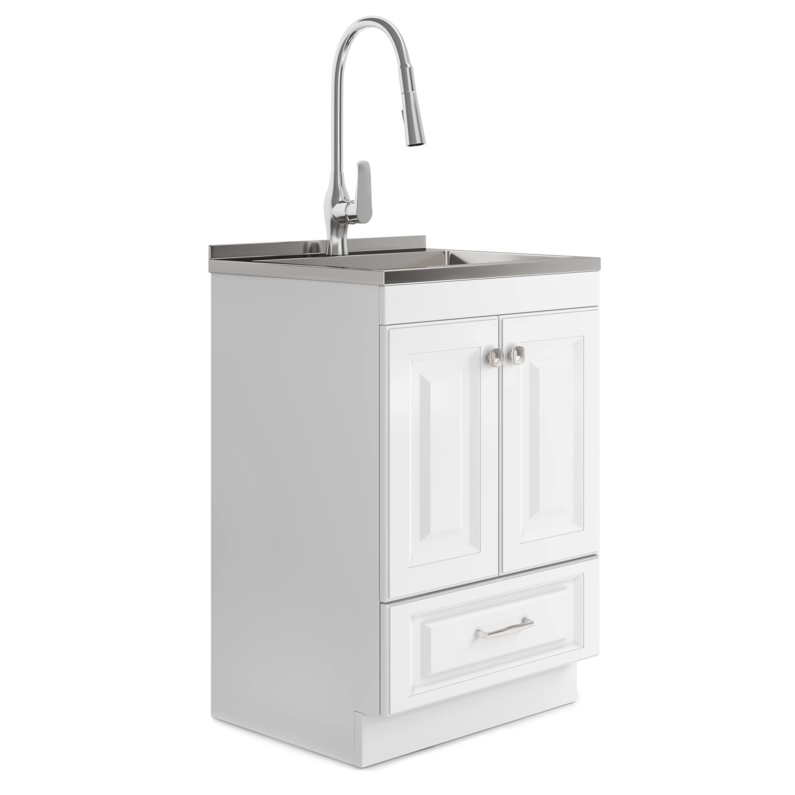 SIMPLIHOME Lawrence Transitional 24 Inch Laundry Cabinet with Faucet and Stainless Steel Sink in White, For the Laundry Room and Utility Room