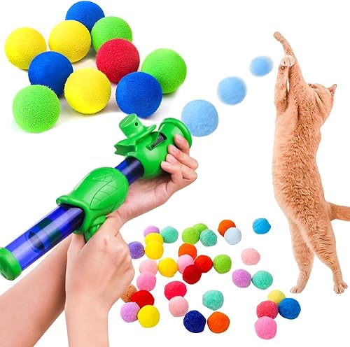 Lanzador de juguete para gatos, bolas de pompón de bajo ruido, interactivas para gatos, 10 unidades, coloridas y silenciosas bolas de pompón de